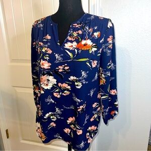Fun 2 Fun Kenmore Split Neck Navy Floral Blouse - XSmall - NWOT